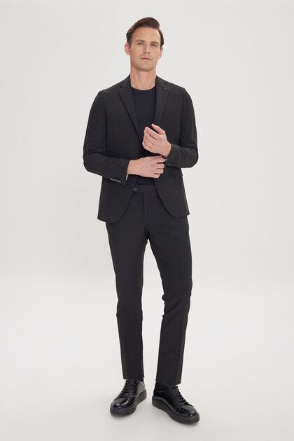 Men's Black Slim Fit Narrow Cut Mono Collar Seersucker Patterned Suit