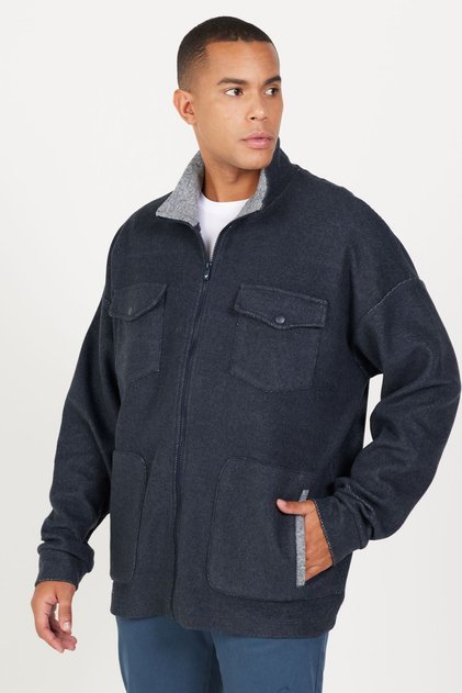 Erkek Indigo Melanj Oversize Bol Kesim Dik Yaka Pamuklu Desenli Sweatshirt Ceket