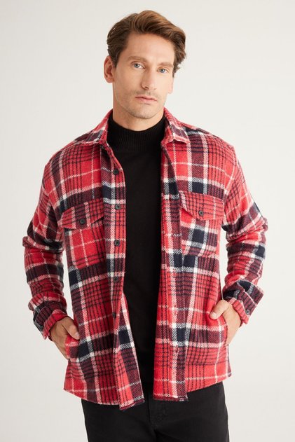 Red-Black Plaid Oversize Shirt Jacket - Buttoned Collar