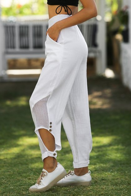 Pantaloni casual cu buzunare albe, cu detalii din plasă, lavabili, cu talie elastică țesută, cu picior tip jogger