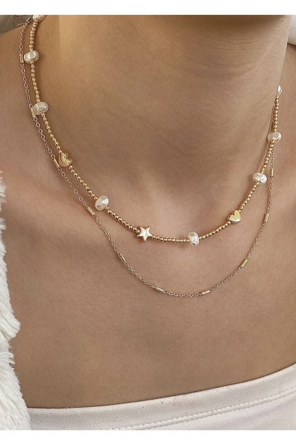 Star heart doric combination gold necklace