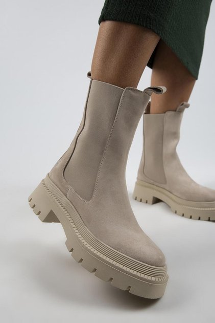 Agatha Women's Genuine Leather Double Sided Elastic Pointed Toe Beige Suede Boots