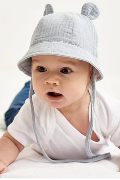 Muslin Summer Baby Hat with Teddy Bear Detail 0-2 Years