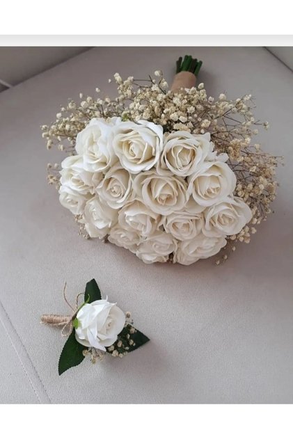 Beyaz kadife gül gelin cipsolu gelin buketi  ,damat yaka cicegi gelin çiçeği