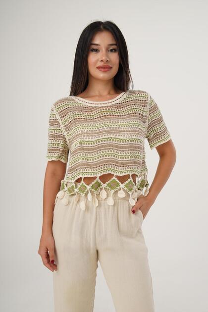 Short Sleeve Knitted Pattern Tan Cropped