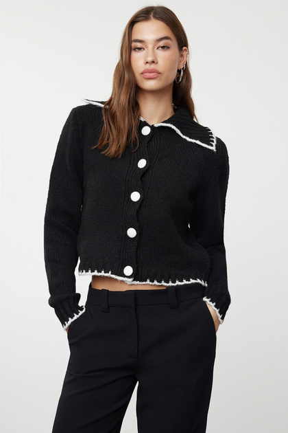 Cardigan negru din tricotaj cu textură moale și culori contrastante TWOAW24HI00297