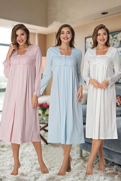Women's Blue Lace Detailed Maternity Nightgown Set 7013