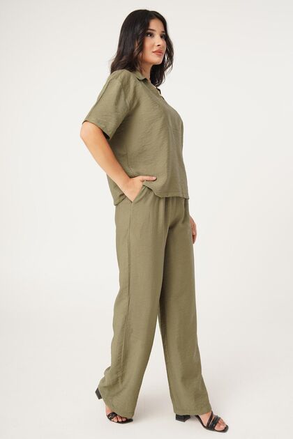 V-Neck Short Sleeve Khaki Blouse and Pants Set