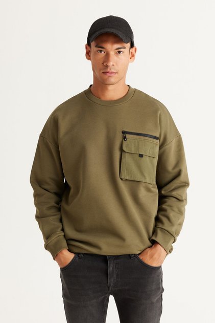 Men's Khaki Oversize Loose Cut Fleece Thread Crew Neck 100% Cotton Sweatshirt