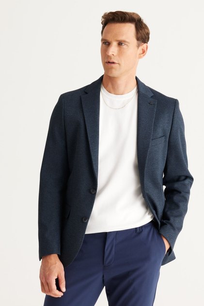 Men's Black-Navy Blue Slim Fit Slim Fit Mono Collar Diagonal Patterned Blazer Jacket