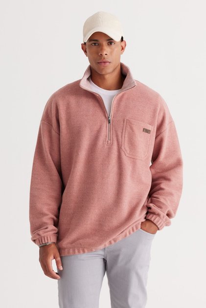 Men's Dusty Rose Melange Loose Fit Fleece Thread Stand-Up Bato Collar Cotton Sweatshirt