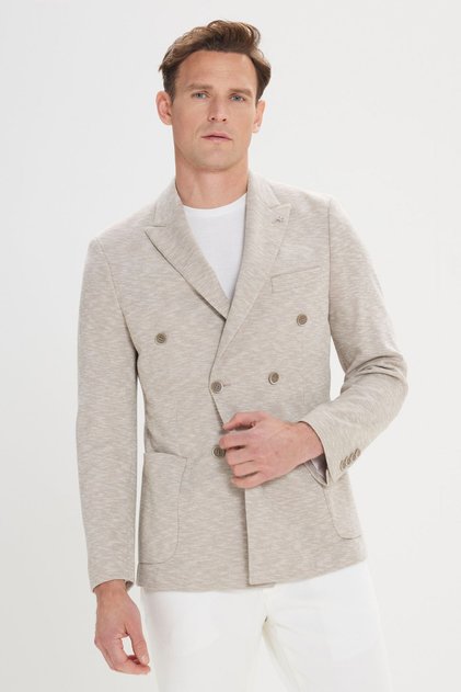 Beige Slim Fit Swallow Collar Cotton Patterned Double Breasted Blazer Jacket