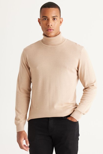 Men's Beige Melange Standard Fit Regular Cut Full Turtleneck Cotton Knitwear Sweater