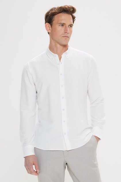 Men's White Slim Fit Narrow Cut Button Collar 100% Cotton Shirt