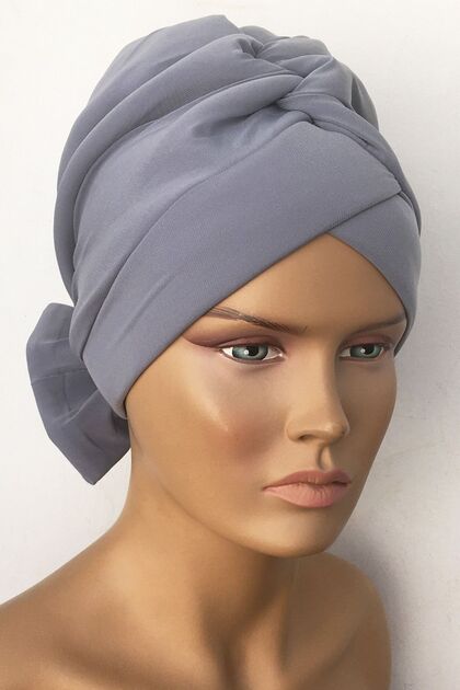 Mihrace Ready Turban Bonnet Gray Cross Banded Lined Padded Bow Reversible Hijab Bonnet