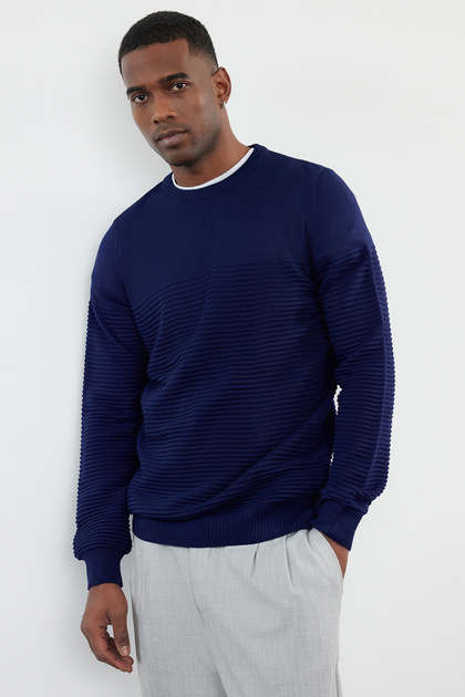 Navy Blue Slim Slim Fit Crew Neck Textured Knitwear Sweater Tmnaw20Iy0014