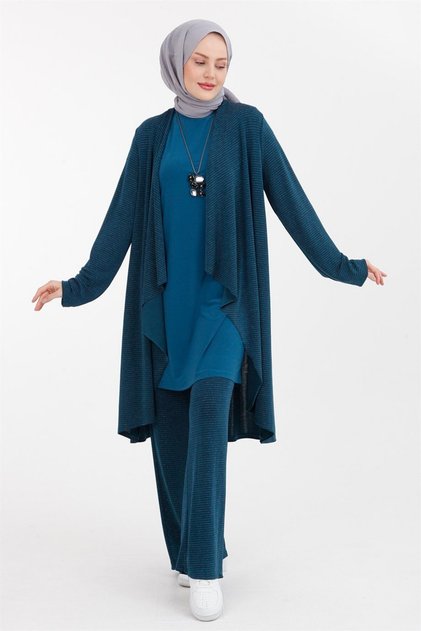 Lycra Knitted Fabric Triple Set with Necklace - Petrol 22Kt616