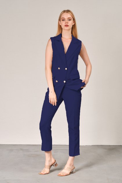 Lacivert Blazer Yelek Boru Paça Pantolon Atlas Kumaş Takım Elbise