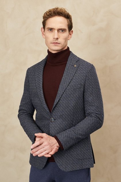Men's Navy Blue-beige Slim Fit Narrow Cut Mono Collar Patterned Woolen Jacket
