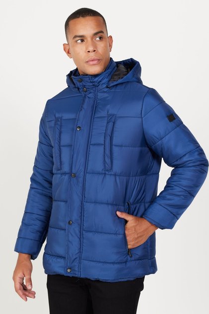 Men's Blue Standard Fit Normal Cut Stand Collar Padded Outdoor Puffer Coat