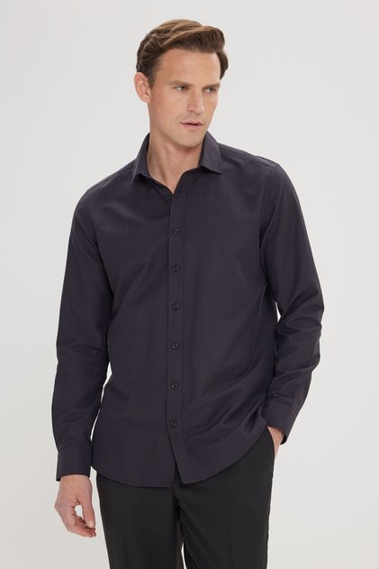Men's Black Slim Fit Slim Fit Buttoned Collar Linen Look 100% Cotton Flared Shirt