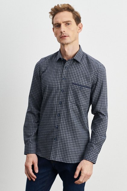 Men's Navy Blue-gray Slim Fit Button-Up Collar Gingham Flannel Lumberjack Shirt