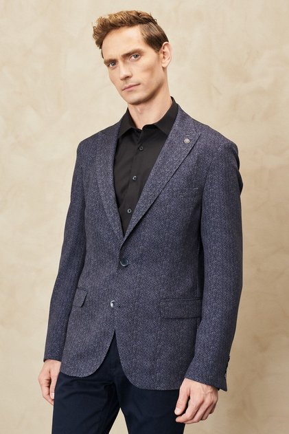 Men's Navy Blue Magic Fit Swallow Collar Herringbone Patterned Non-Wrinkle Blazer Jacket