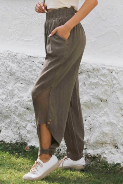 Light Brown Pocketed Mesh Detailed Washed Woven Elastic Waist Jogger Casual Trousers