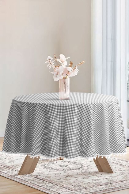 Bommel Gingham Round Pompom Tablecloth Gingham Round
