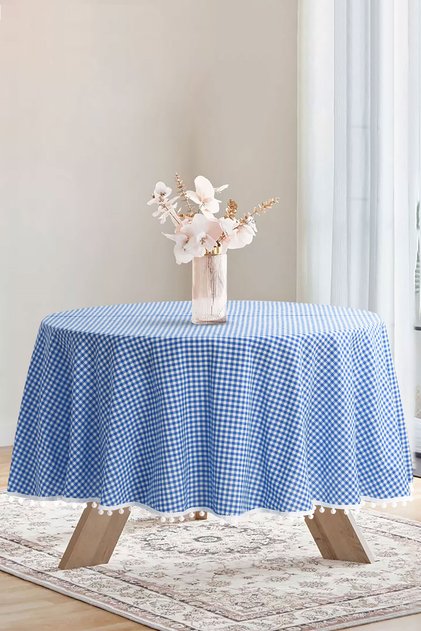 Bommel Gingham Round Pompom Tablecloth Gingham Round