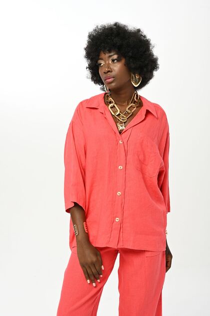 Women's Solid Colored Single Pocket 100% Linen Shirt