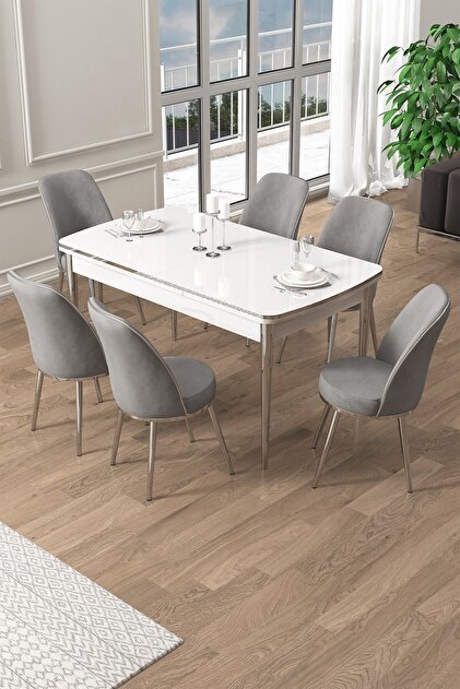 Canisa Pale Serisi 80x132 Açılabilir Beyaz Mutfak Masa Takımı 6