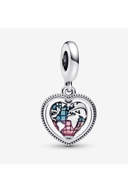 Family Rotating Heart Globe Dangle Charm S925 Sterling Silver