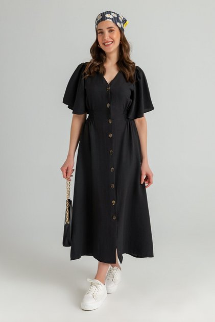 Women's Waist Rubber Detailed Midi Buttoned Dress