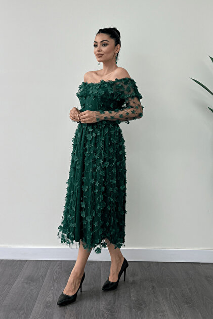 giyimmasal Emerald Green Midi Dress - Boat Neck, Three Size Floral Fabric-  Trendyol