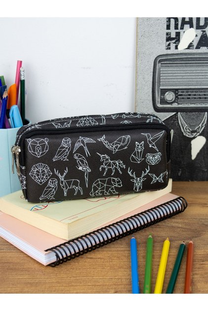 Pencil Case Geometric Animals Two-Compartment Vegan Leather (Double-Eye Pen Holder)
