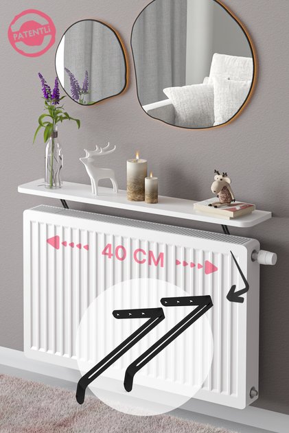 Montajsız Petek Üstü Uçan Raf Dresuar Kalorifer Peteği Rafı Kitaplık 40 X 18 Cm Beyaz Oval Kesim
