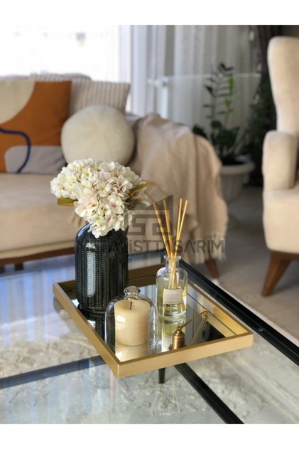 Gala Dekoratif Aynalı Tepsi Mat Gold Renk 30x40cm
