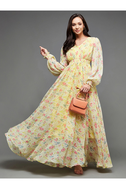 Floral Print V Neck Maxi Dress with Bishop Sleeve