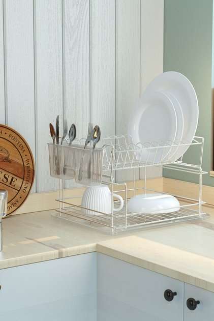 İki Katlı Modüler Tabaklık Bulaşıklık Bulaşık Sepeti Krom KB010