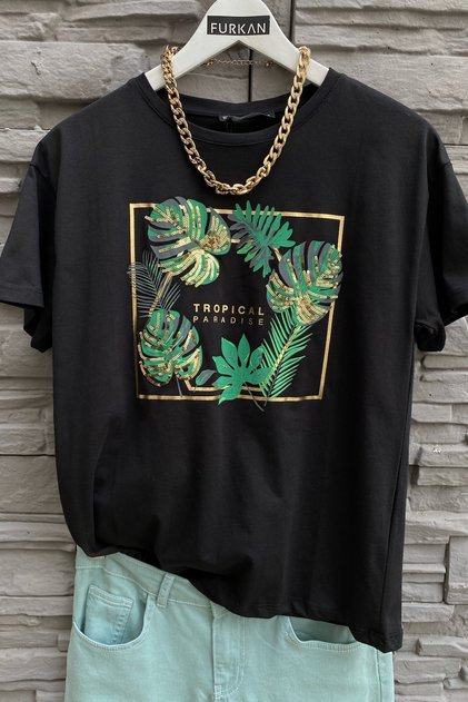 Tricou negru din bumbac cu paiete Tropical Leaf pentru femei