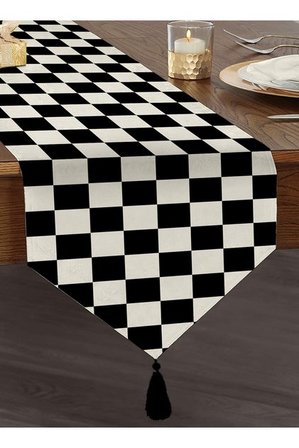 Checkered Checkerboard Special Design Digital Printed Decorative Tasseled Chenille Triangle Runner
