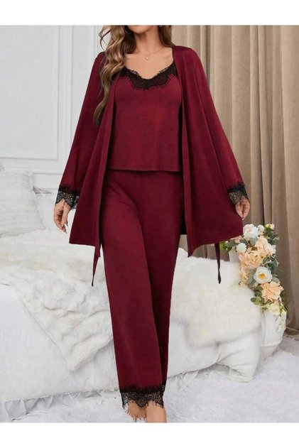 Burgundy 3-Piece Viscose Lace Detailed Women's Pajama Set with Robe