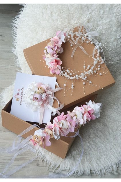 Pink Salmon Flower and Pearl Maternity Maternity Crown, Dress Belt and Postpartum Bracelet