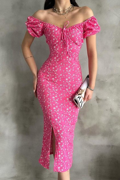Floral Patterned Slit Watermelon Sleeve Wrap Dress