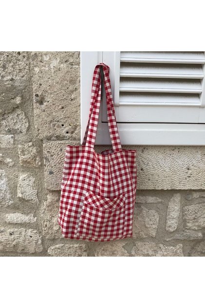 Red Gingham Eco-Friendly Cloth Bag, Linen Arm and Shoulder Bag with Pocket, Unisex Shopping Bag