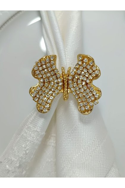Gold plated napkin ring with 6- embellished beaded butterfly design.