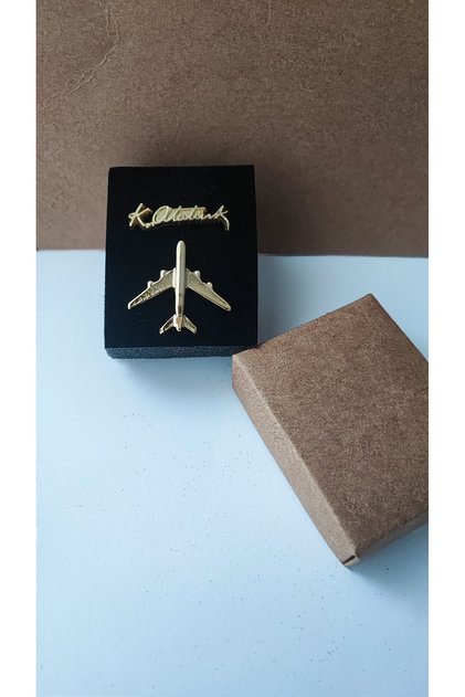Atatürk Imzalı Ve Uçak Yaka Rozeti 2 Li Gold Metal Broş Hediyelik Unisex Pilot Hostes
