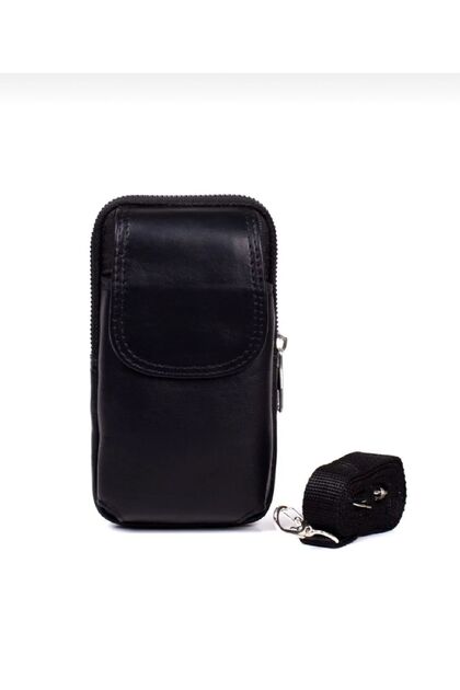 Black Genuine Leather - Shoulder Bag with Phone Compartment and Belt Holder Magnetic Cover