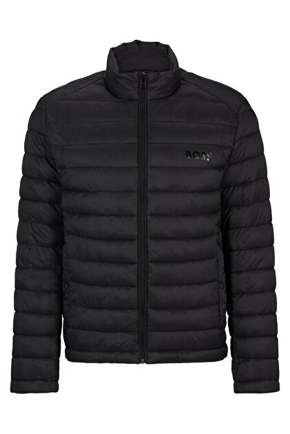 BOSS Erkek Dik Yaka Yalıtımlı Marka Logolu Fermuarlı Siyah Ceket